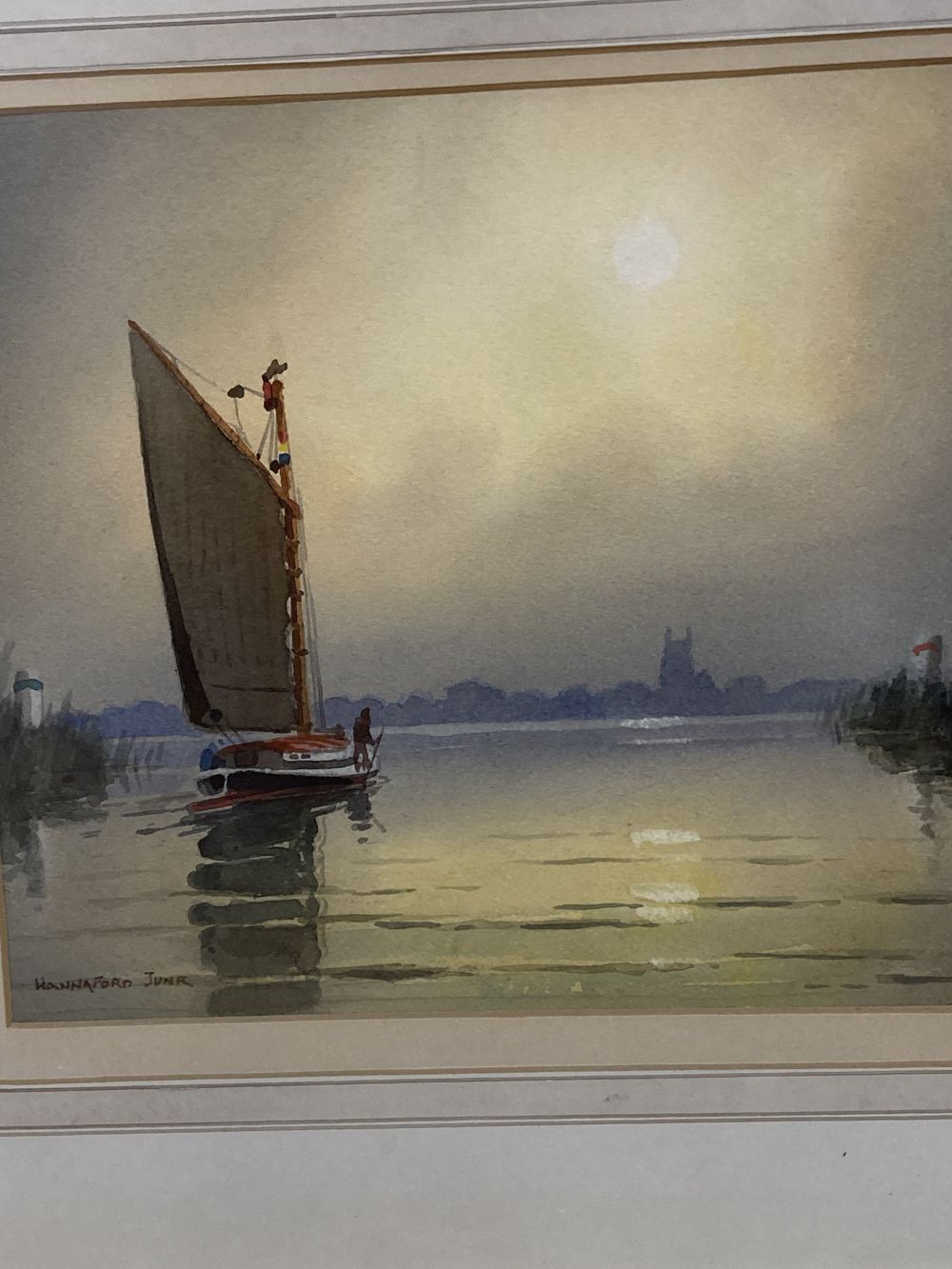 Hannaford Jnr, two watercolours, Sail barges on the broads, signed, largest 35 x 43cm